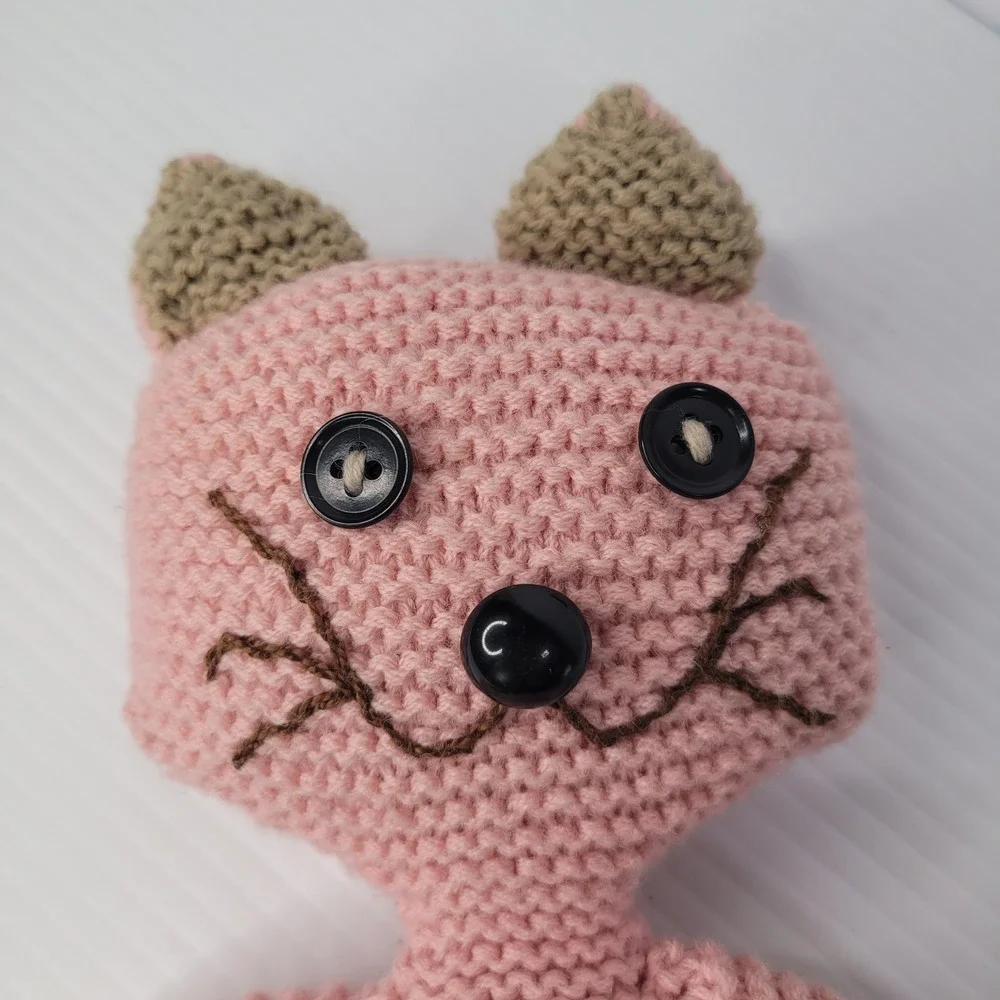 Crochet Cat Plush Toy Pink Long Limb Button Eye Stuffed Animal Cottagecore‎